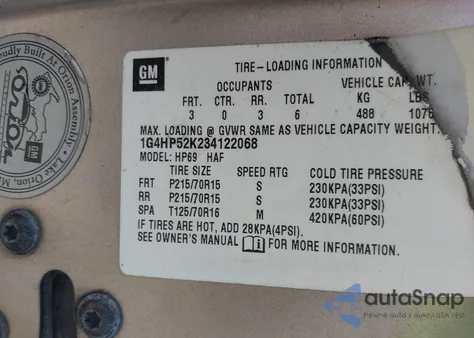 2003 Buick Lesabre Custom from USA, damaged, VIN 1G4HP52K234122068